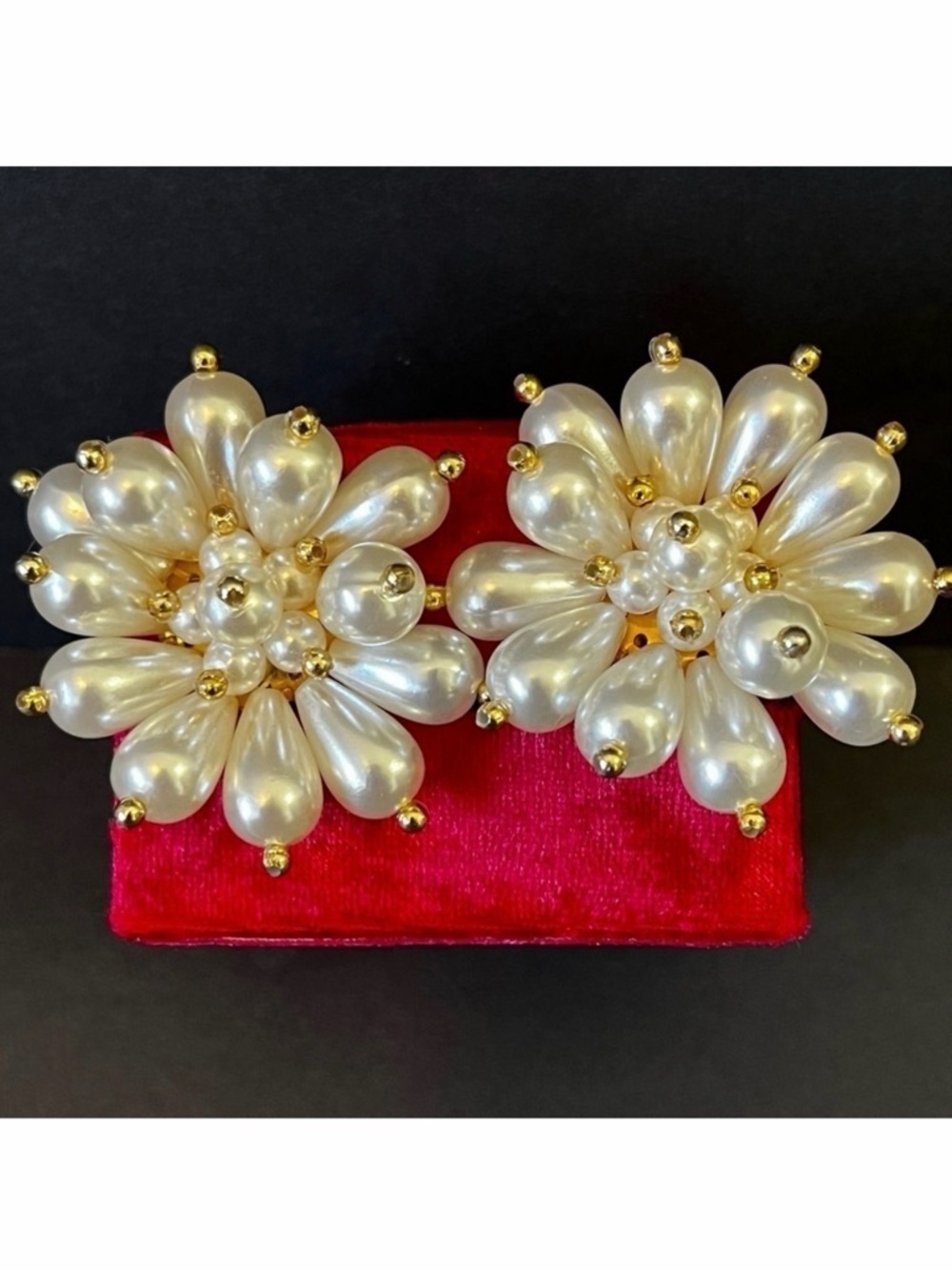 Vintage Faux Pearl Starburst Clip Earrings Navette Sea Urchin Sun Burst Floral